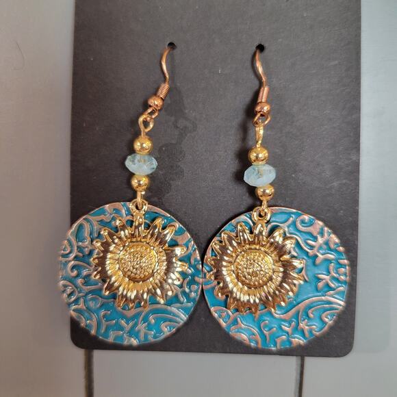 Boho Sunflower Dangle Earrings Gold Tone Turquoise Beaded Drop Jewelry Gift Bag - Picture 3 of 9
